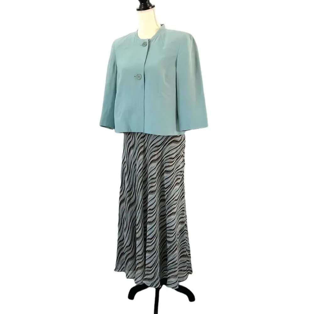 Jones New York Women’s Drop Waist Aqua Brown White & Gold Silk Maxi Skirt Size L